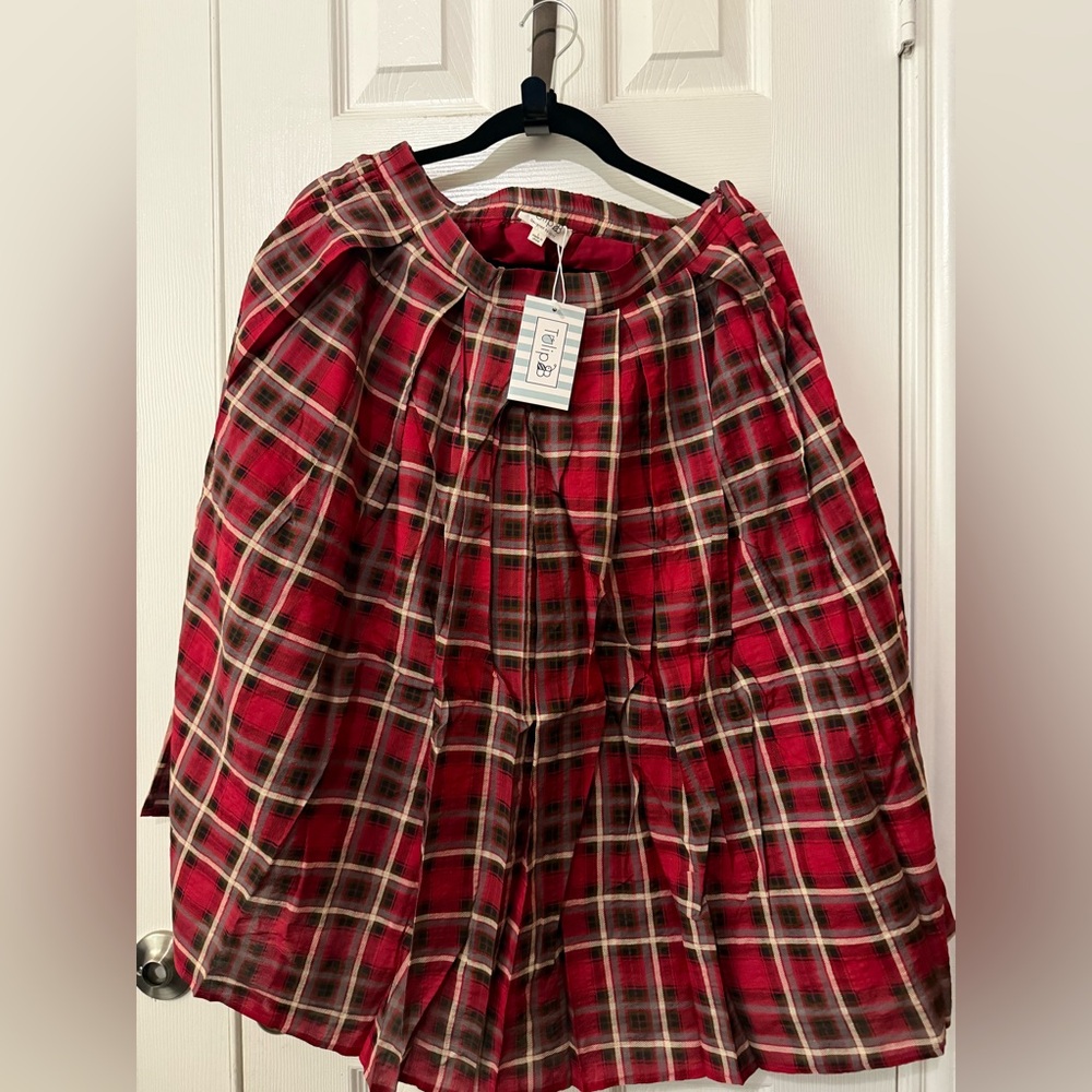 Tulip B NWT red black plaid full skirt size L preppy academia